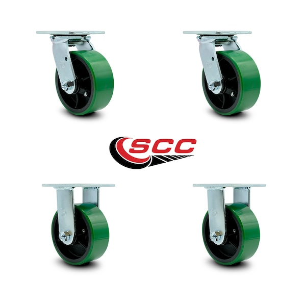 5 Inch Green Poly on Cast Iron Caster Set with Roller Bearings 2 Swivel 2 Rigid